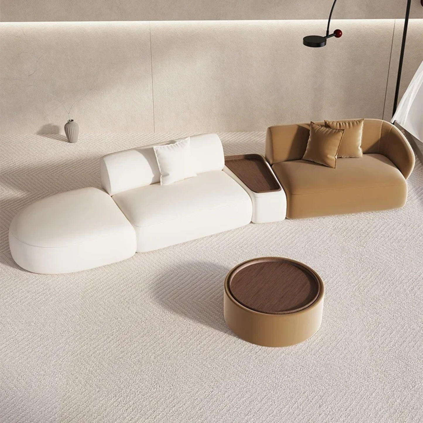 Lenvix 130" Curved Modular Sectional Sofa, Beige & Brown Minimalist Designer Couch